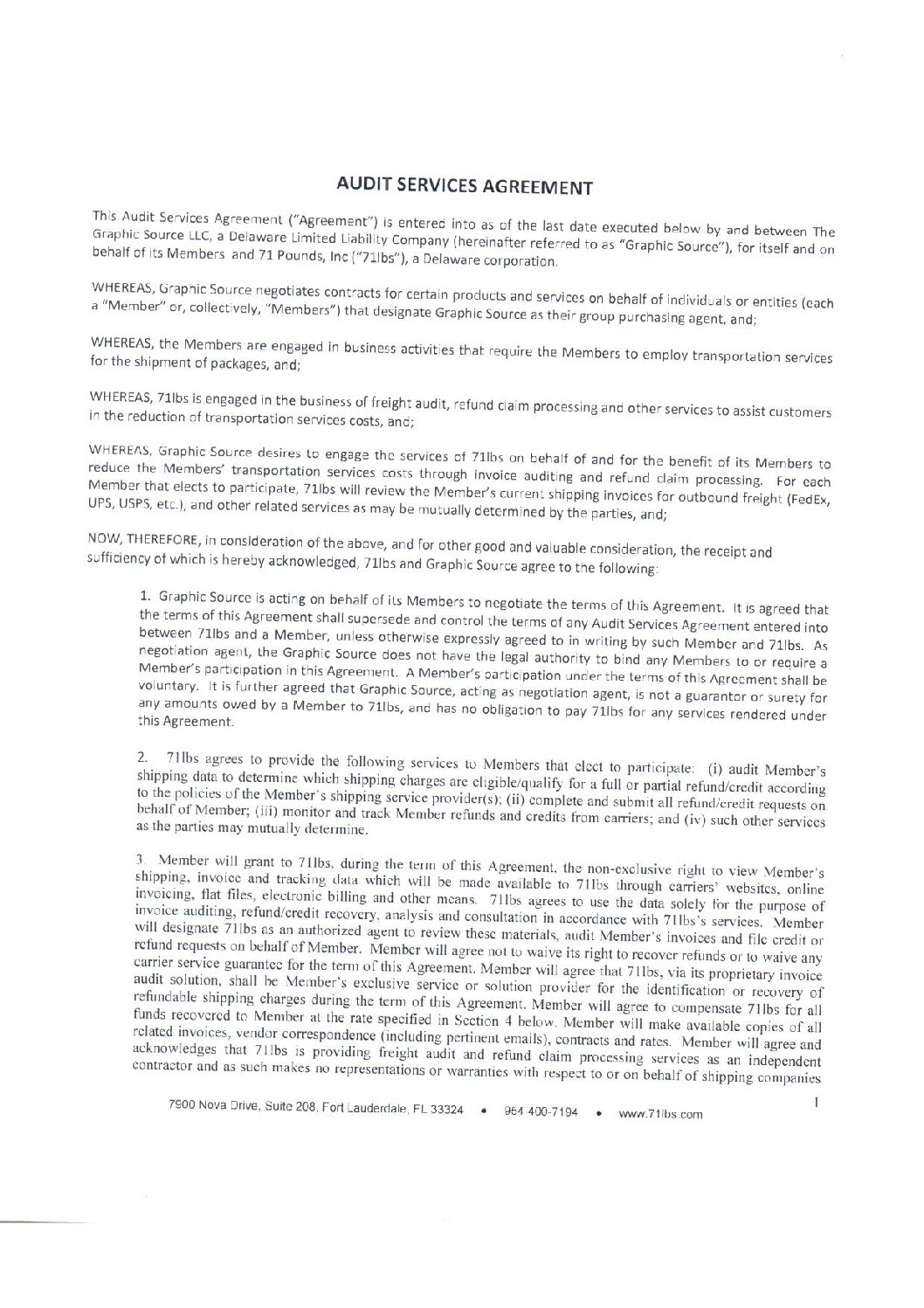 71 lbs. Vendor Agreement