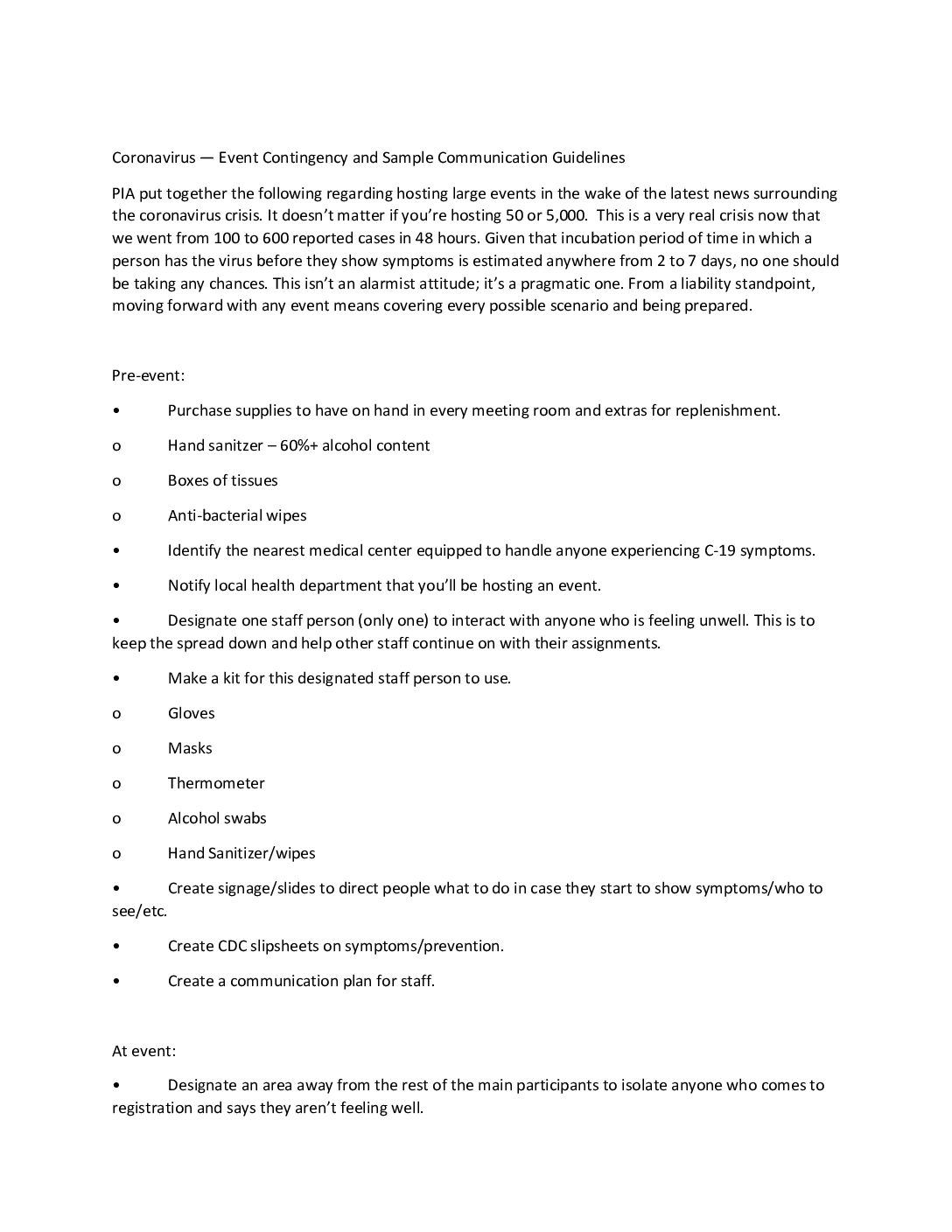 Coronavirus — Event Contingency and Sample Communication Guidelines