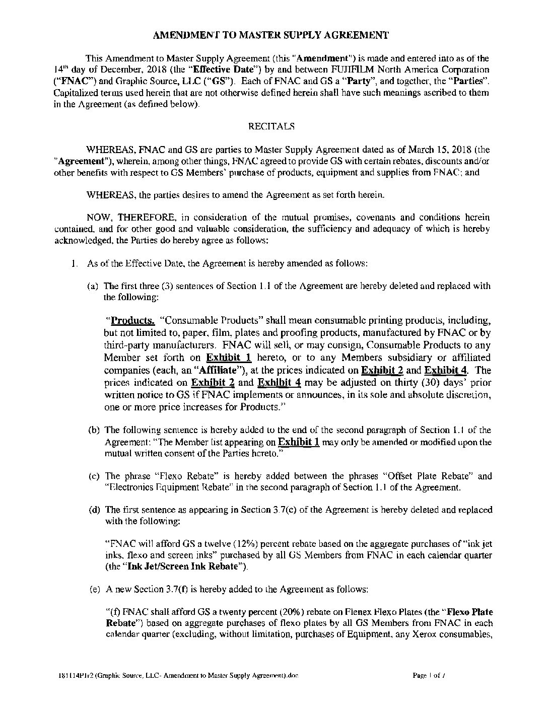 FUJI Amendment to Master Supply Agreement Dec 2018