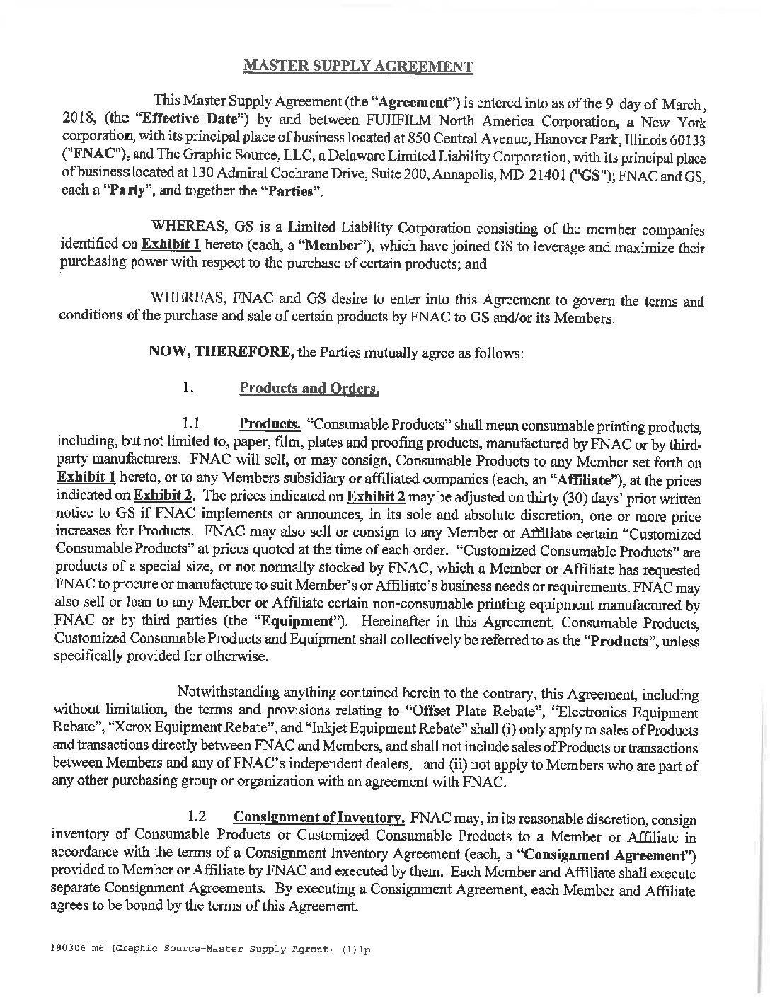 FUJI Master Supply Agreement 3-8-2018