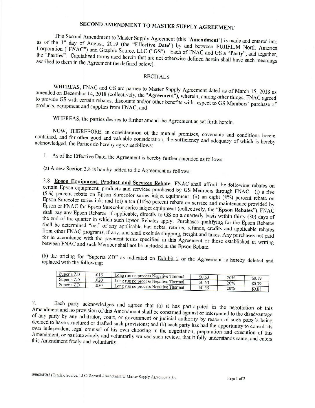 FUJIFILM 2nd amendment to master supply agreement