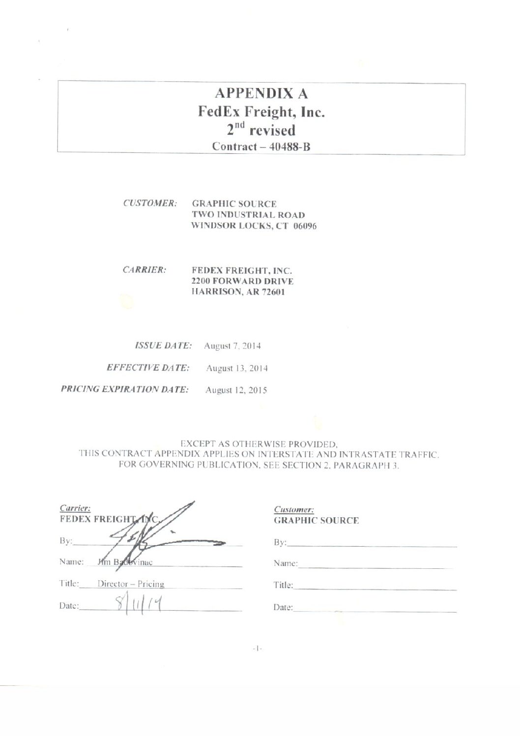 Fed Ex Freight exp. 8-12-2015