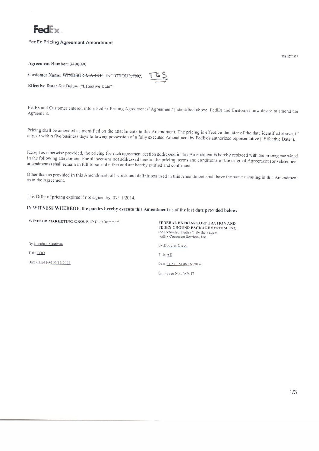 Fed Ex Pricing Agreement Amendment dated 6-16-2014