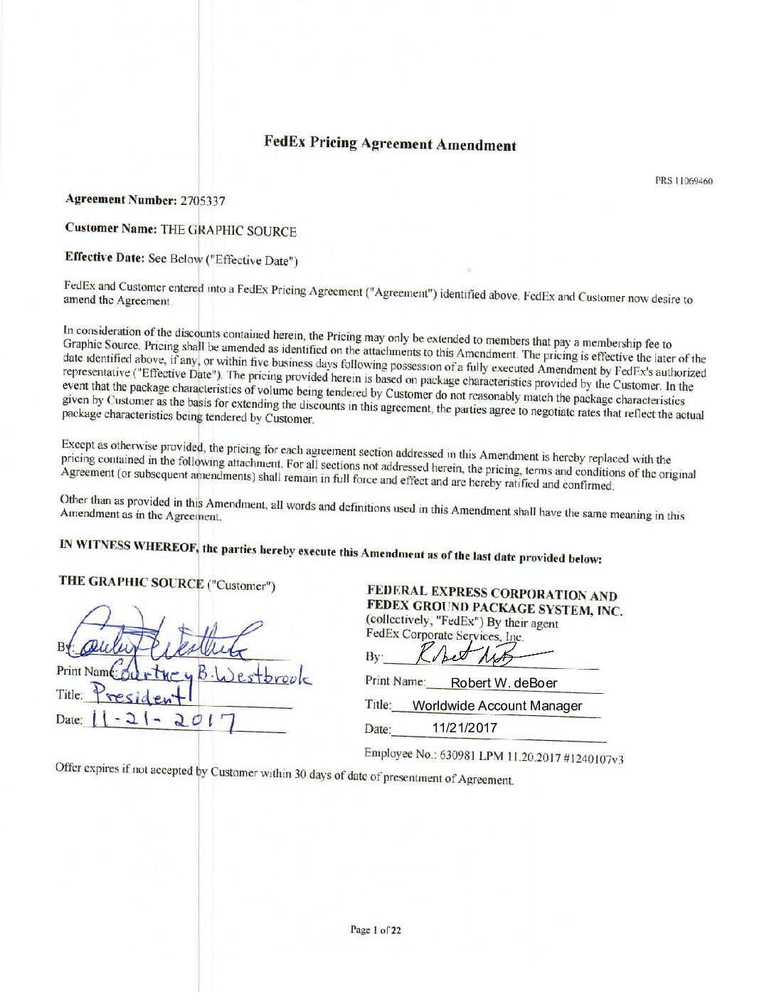 FedEx Pricing Agreement Amendment Dated 11-21-17