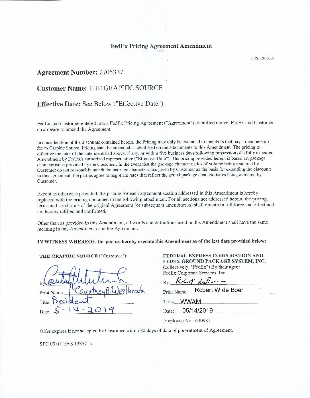 FedEx Pricing Agreement Amendment Updated 5-14-2019 2705337