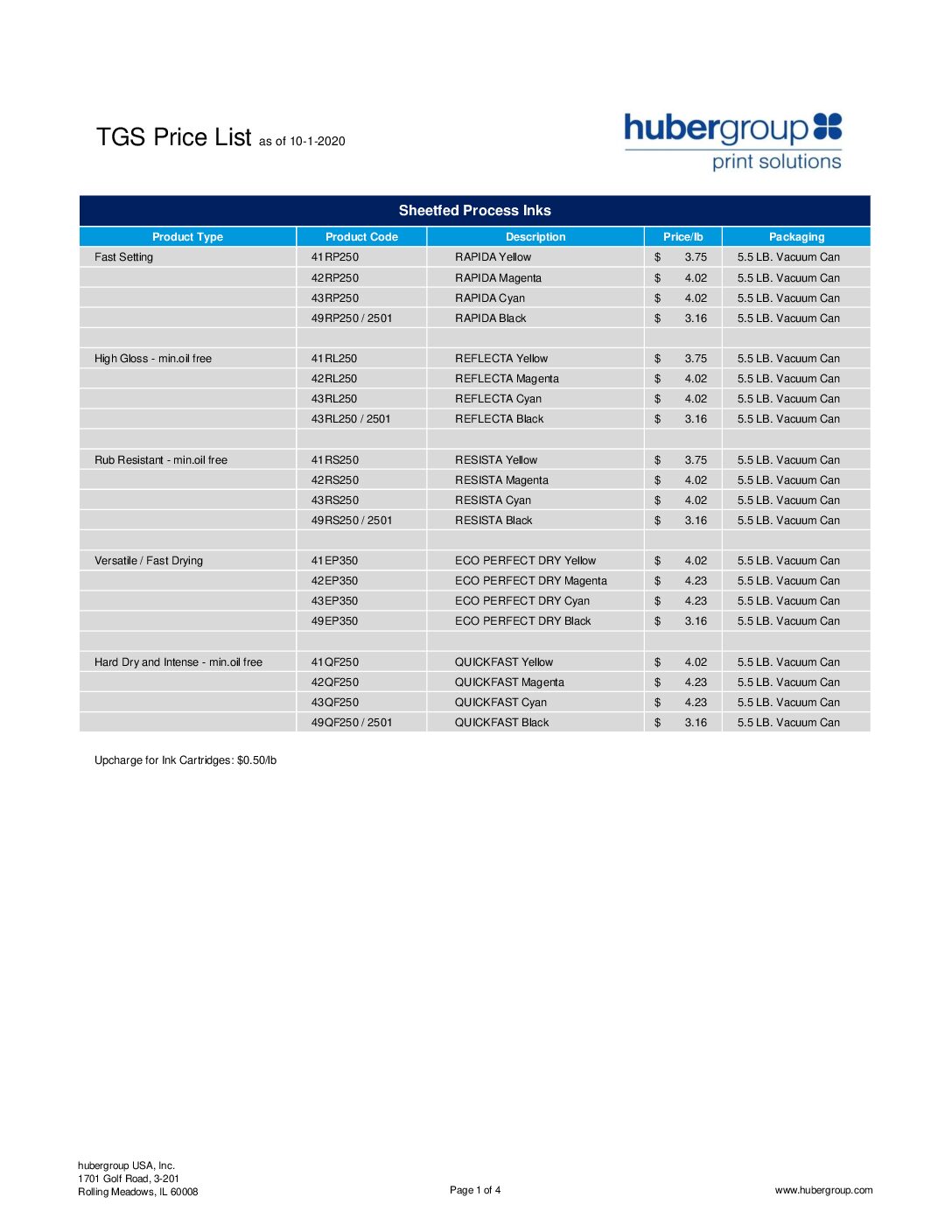 Huber Group Price List – Valid as of 10-1-20