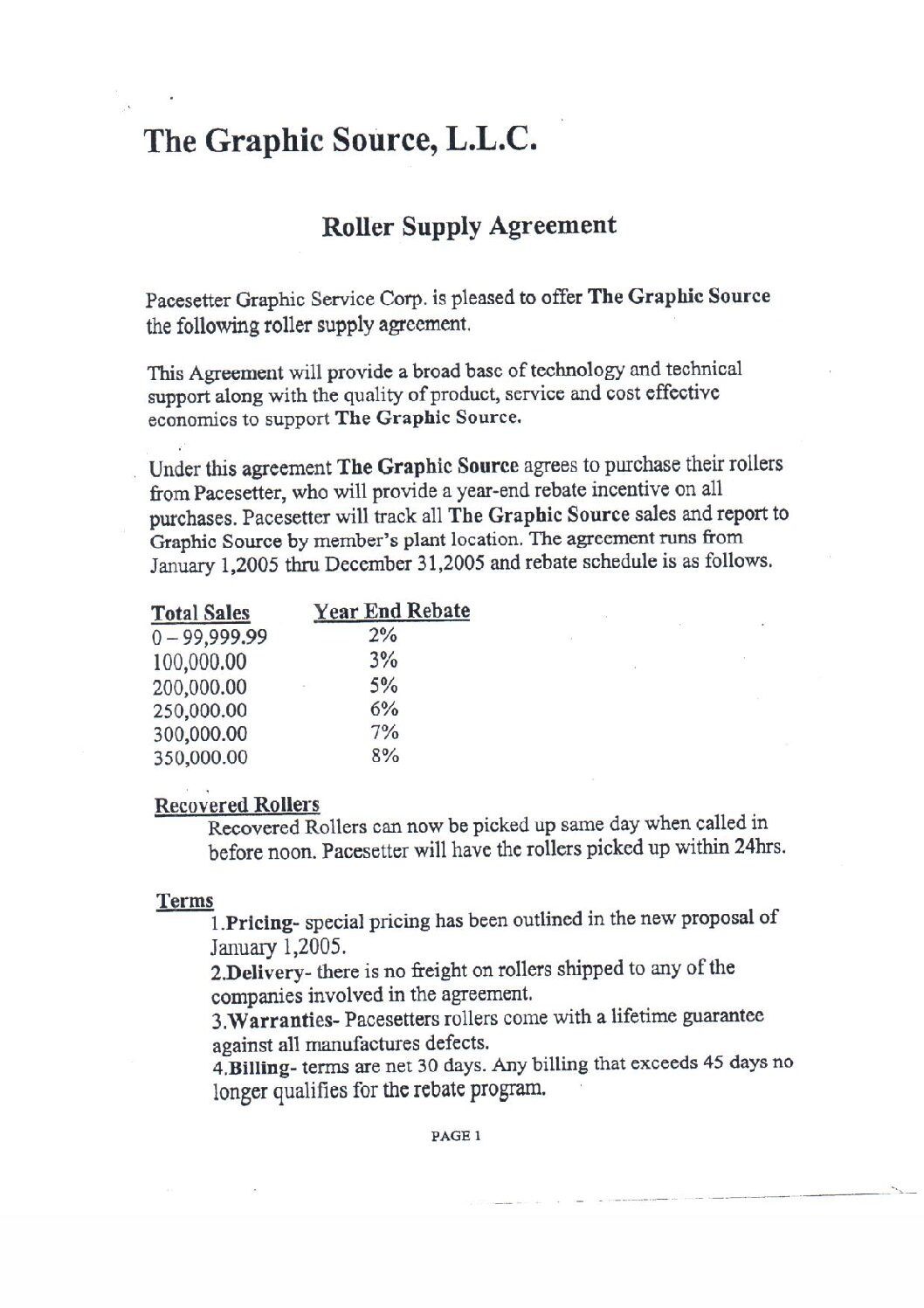 Pacesetter Roller Supply Agreement dated 3-25-2005