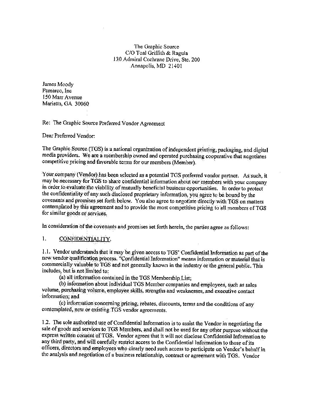 Pamarco Preferred Vendor Agreement  Confidentiality Agreement