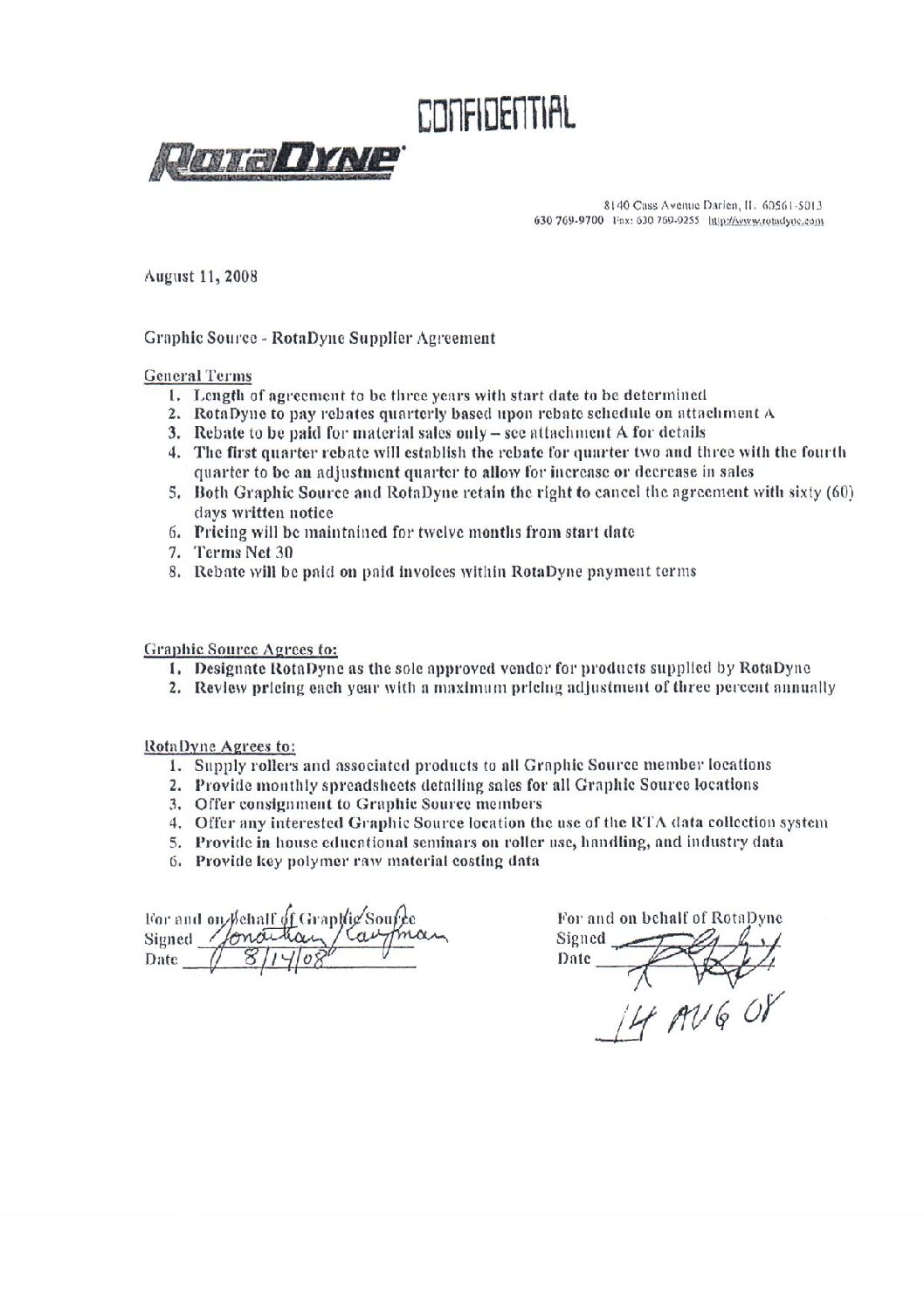 RotaDyne Supplier Agreement date 8-11-2008